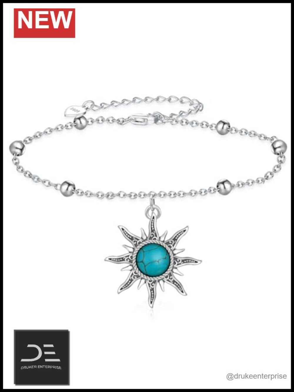 Genuine Turquoise Bracelet 925 Sterling Silver Sun Charm Bracelet